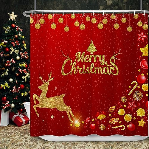 Ttincceer Frohe Weihnachten Duschvorhang 180x180cm Goldener Elch Schneeflocke Funkelnder Badezimmervorhang Neujahr Roter Hintergrund Badezimmervorhang Wasserdichter Badewannenvorhang