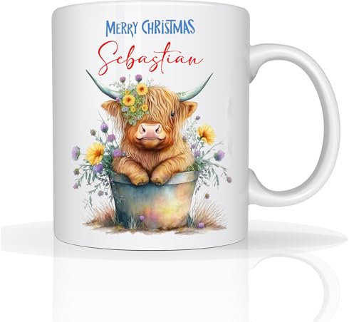 Personalised Secret Santa Gift Mug Scottish Highland Cow Ceramic Christmas 11oz Mug