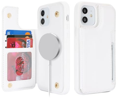 SailorTech for iPhone 12 Case with Credit Card Holder Magsafe, iPhone 12 Pro Phone Leather Case for Women Compatible mag safe Card Slots Durable Shockproof Wallet Case - White