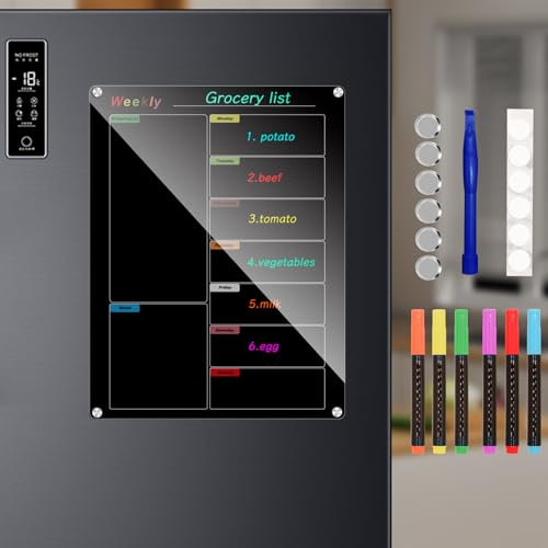 Acrylic Magnetic Calendar for Refrigerator, 25x33cm/10x13inch Black Fridge Calendar Dry Erase Planning Boards Weekly Planner