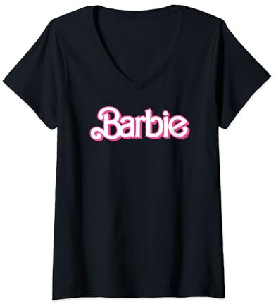 Femme Barbie - Logo rétro rose et blanc T-Shirt avec Col en V
