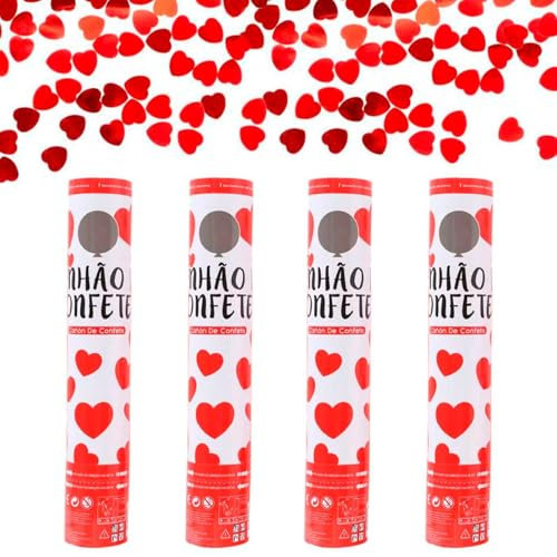Tradineur - Pack de 4 cañones de confeti de aire comprimido, popper, cracker de confetti, cumpleaños, bodas, fiestas, celebraciones (Corazones - 30 cm)