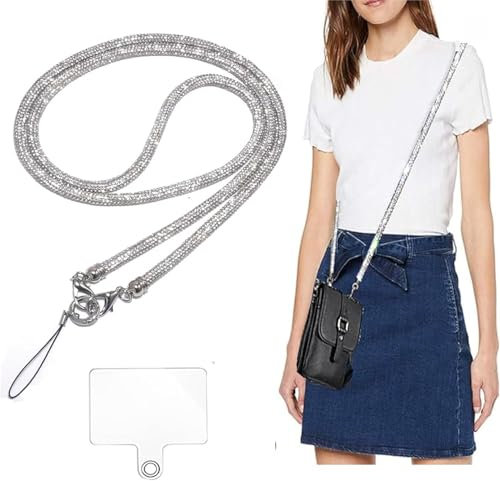 Yopeqok Chaîne Universelle pour Téléphone - Cordon Anti-Perte en Diamants d'Eau avec Clip - Compatible avec Tous les Téléphones et Sacs - Blanc Cristal