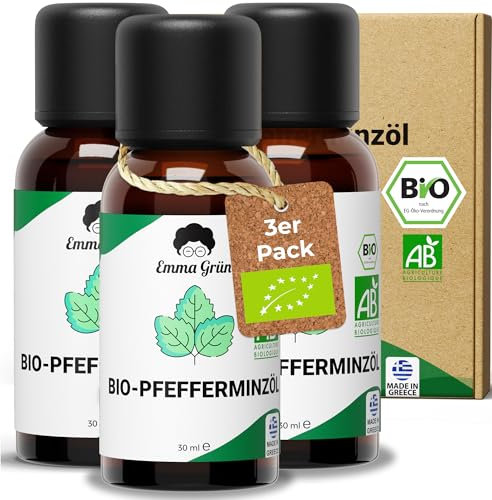Emma Grün® Bio Pfefferminzöl Ätherisches Öl [100% NATURREIN] - Peppermint Oil 3x 30ml - Zertifiziertes Lebensmittel - Ätherische Öle Naturrein - Essential Oils Ätherisches Öl aus Griechenland