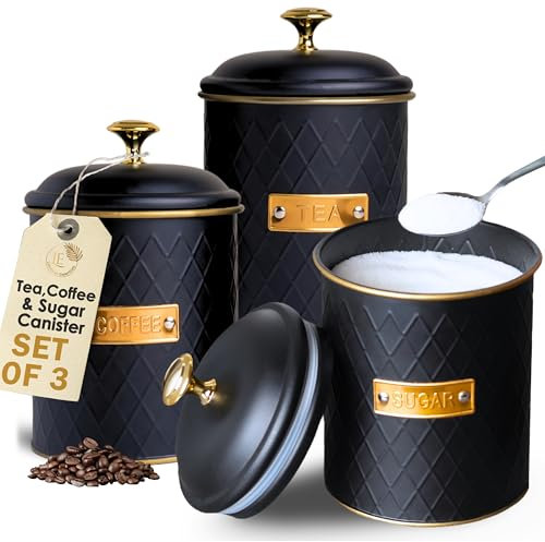Limitless Essentials Tea Coffee Sugar Canisters – Elegant Black and Gold Labelled Coffee Tea Sugar Set – Metal with Diamond Pattern and Airtight Lids, Ideal for House Warming Gifts New Home