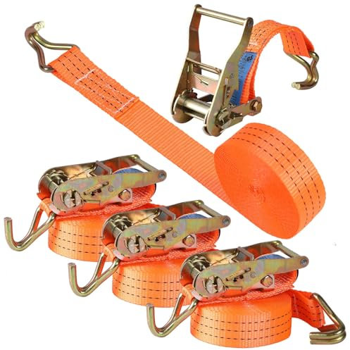 Sleeleece 4 Stück Spanngurte mit Ratsche und Haken - 6m 2000kg 38mm - Ratschen Set - Ratschengurt 2 Teilig - Zurrgurt Orange - 2000 daN 2t - TÜV/GS Geprüft und gemäß DIN EN 12195-2