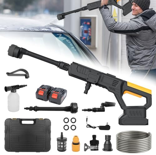 Calistouk Hidrolimpiadora Inalámbrica 7 en 1, 900 PSI, 1, 2 MPa, Lavadora a Presión con 2 Baterías 1500 mAh (Amarillo-Negro)