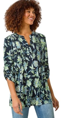Roman Originals Pintuck Shirt for Women Ladies Jersey Blouse Collarless Top Flare Crinkle Notch Neck Tunic 3/4 Length Sleeve Longline Smart Casual Party Going Out - Lime - Size 18