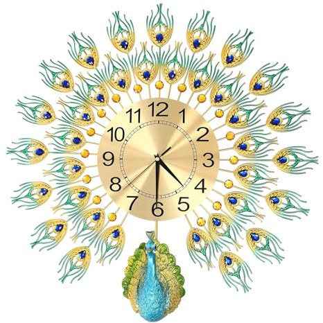 Aohuada Pfau Wanduhr Modernes Design Große Metall Stille Batteriebetriebene Uhr Wohnzimmer Schlafzimmer Deko 60x60cm