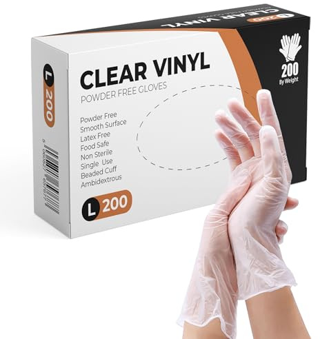 PRAIMA Clear Vinyl Gloves, 200 Count, Clear Disposable Gloves (200, Large)