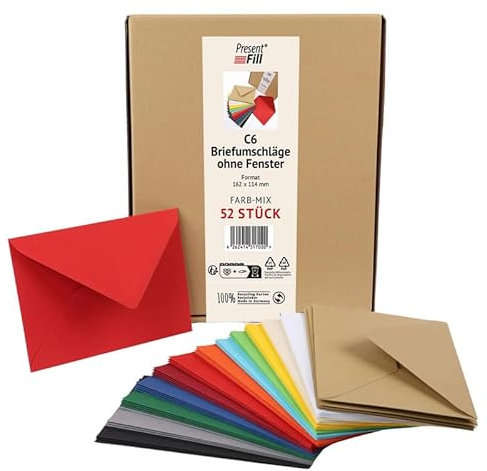 PresentFil® 52 x Briefumschläge Bunt Mix (4 x 13 Farben) C6-162 x 114 mm ohne Fenster I 100% Recycling Kraftpapier I 120 g/m² stark I Blauer Engel zertifiziert I Made in Germany