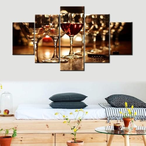 Bilder Rotweinglas 5-Teilig Leinwandbilder Hd Print (Ungerahmt 150 X 80 Cm) Dekorative Gemälde Auf Leinwand Wandkunst Für Hauptdekorationen Wand Dekor Bild Büro-Hotel-Wand-Kunst-Foto-38509002127359