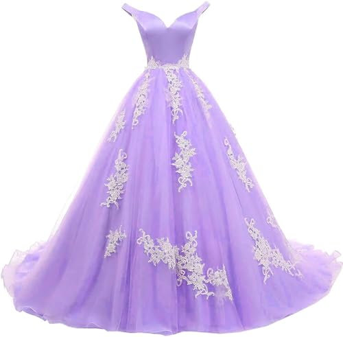 Zorayi Vestido de noche con hombros descubiertos para mujer, cintura imperio, vestido de quinceañera, vestido formal de encaje de satén, Color lila., 50