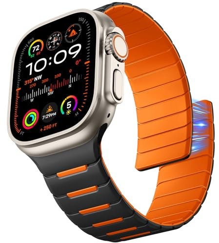 Epova Magnetisch Silikon Armband Kompatibel mit Apple Watch Ultra 2 Armband 49mm 45mm 44mm 42mm 46mm - Herren Magnet Sport Armbänder für iWatch Ultra SE Series 10 9 8 7 6 5 4 3, Schwarz/Orange