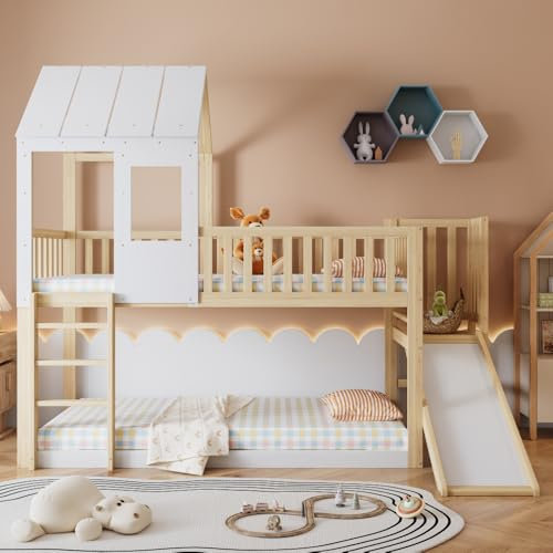 Zubaliya Lit superposé Enfant 90x200 cm,lit cabane Enfants 90x200 cm,lit Mezzanine 2 Places avec échelle rectangulaire et Toboggan,avec barrière,Cadre en pin