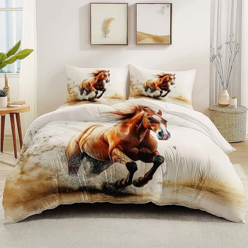 Copripiumino Matrimoniale Acquerello Animali Cavallo Stampato Set Letto Completo in Microfibra con Cerniera, 200 x 200 cm per camere da letto maschili e femminili Bianco
