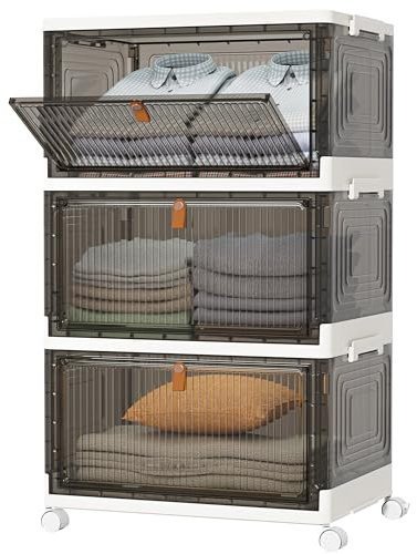 HOMIDEC Wardrobe Storage Organiser,3 Tier Stackable Clothes Storage Boxes with Wheels,Folding Drawers for Clothes,Cupboard Organiser for Bedroom Wardrobe Bathroom Kitchen,Grey 33L*3 Pack