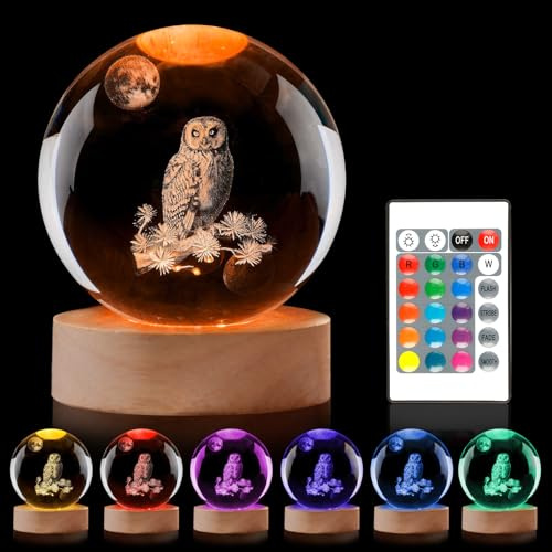 3D Owl Crystal Ball Night Light- Crystal Ball Night Light with Remote Control LED Lamp Moon Ball Christmas Kids Gift Collectibles Snow Globes Gift Glass Sphere Home Decor, Tabletop, Birthday Gift