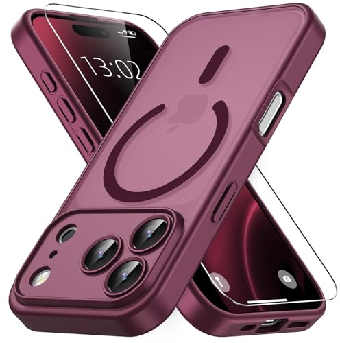 Vansdon Magnetisch für iPhone 17 Pro Max Hülle-Weinrot | mit 1 Schutzglas, Kompatibel mit Magsafe, Fallschutz nach Militärstandard, Transluzente Matt Rückseite Stoßfeste Handyhülle