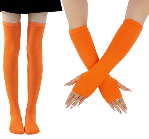 Qaziuy Orange Kniestrümpfe und Handschuhe Set, Elastische Baumwolle Kniestrümp Fingerlose Handschuhe Orangene Kniestrümpfe für Karneval Kostümparty Faschingskostüme