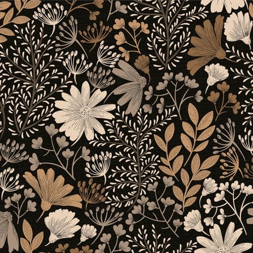 LZH-LP Papier Peint Autocollant, 44x600CM Bohème Brun-Beige Floral Noir Fond Sans Raccord Papier Contact Décoller Coller Vinyle Film Décoratif Amovible pour Armoires Murales