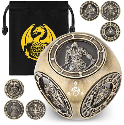 DND Spinner Würfel, Relief Design, D&D Polyedrische Rotierende Spielwürfel | D&D Metall Würfel Set, 3D-Relief Design, 6-Seitige Muster, DND Geschenke, Rollenspiel Brettspiel Zubehör, mit Tasche, Bronze