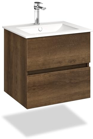 VILSTEIN Waschbecken mit Unterschrank – Set 80 cm Dunkelbraun – Waschbeckenunterschrank [Soft-Close SCHUBLADEN] & Keramik-Waschbecken – Modernes Badezimmermöbel aus feuchtigkeitsbeständigem Material