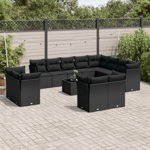 Holamys 13-TLG. Gartenmöbel Sofagarnitur Schwarz Poly Rattan Lounge Möbel mit Kissen, Stauraum, Hartglas Tisch, wetterfestes Outdoor Terrassenmöbel für Garten, Terrasse, Balkon