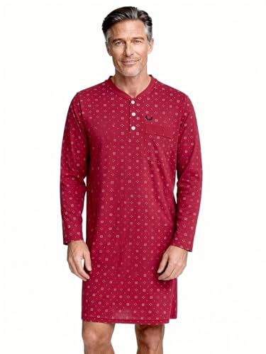 Henry Terre Herren Nachthemd Langarm Schlafshirt M-3XL Baumwolle Langarm-Shirt Sportliches Design mit Brusttasche Knopfleiste
