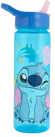 Disney Water Bottle with Flip Up Straw, Blue, 600ml, BPA Free, Recyclable, for Ages 36+ Months (Stitch)