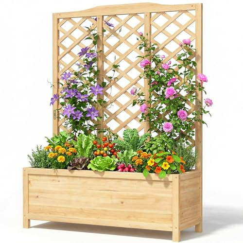 Blumenkasten mit Rankgitter - 112x40x150cm Pflanzkasten mit Spalier - Blumentopf mit Rankhilfe - Pflanzkübel mit Liner & Entwässerung - Hochbeet Blumenkübel für Garten Balkon