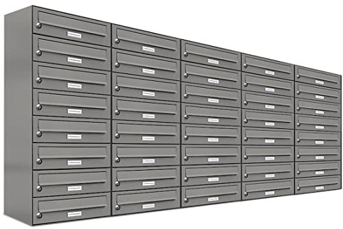 AL Briefkastensysteme 40er Briefkastenanlage Aluminiumgrau RAL 9007, Premium Briefkasten DIN A4, 40 Fach Postkasten modern Aufputz