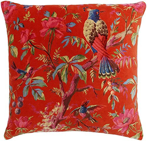 Paoletti Paradise Quadratischer Kissenbezug - Orange Bunter Vogel-Print Samtiger Baumwollstoff (50 x 50 cm, 1 Stück)