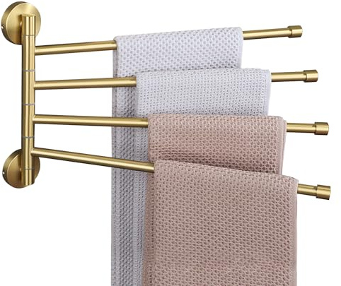 Alise Schwenkbarer Handtuchhalter, zusammenklappbarer Handtuchhalter, 4 Stangen, Handtuchhalter für Badezimmer, Wandhalterung, platzsparender Handtuchhalter, SUS304 Edelstahl, gebürstetes Gold