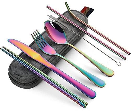 DEVICO Camping Cutlery, Travel Cutlery Set with Case, Portable Stainless Steel Camping Utensils Include Knife Fork Spoon Chopsticks Straws Brush (Rainbow)