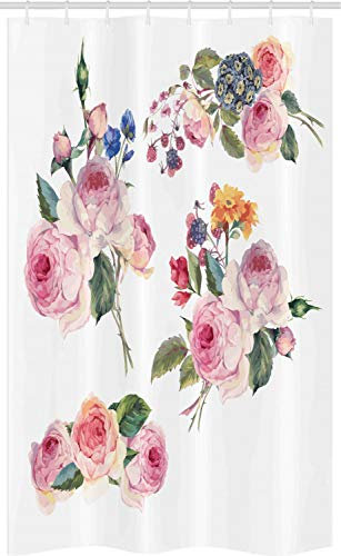 ABAKUHAUS Rose Schmaler Duschvorhang, Englisch Wild Roses Bouquet, Badezimmer Deko Set aus Stoff mit Haken, 120 x 180 cm, Reseda Grün Rosa