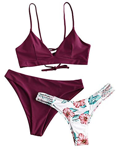 ZAFUL Damen Bikini-Set 3 Pieces mit Blumenmuster gepolstegrte Push-Up BH mit Flechtgurt Cami Triangel Cheeky Badeanzug Bademode (3-Pflaumentorte Rot,S)