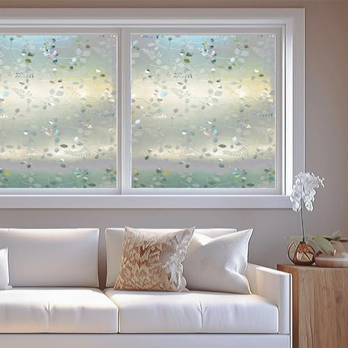 Fensterfolie Milchglas 50 x 750 cm, Blickdicht Matt, Selbstklebend, Sichtschutzfolie, Ohne Klebstoff, Bad-Fenster Glastür Milchglasfolie, Blätter