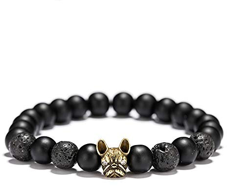 Stylisches, Schwarzes Vulkanstein Armband Bully mit Französischer Bulldogge Kopf -Symbol für Damen und Herren - Gold | Silber (Gold)
