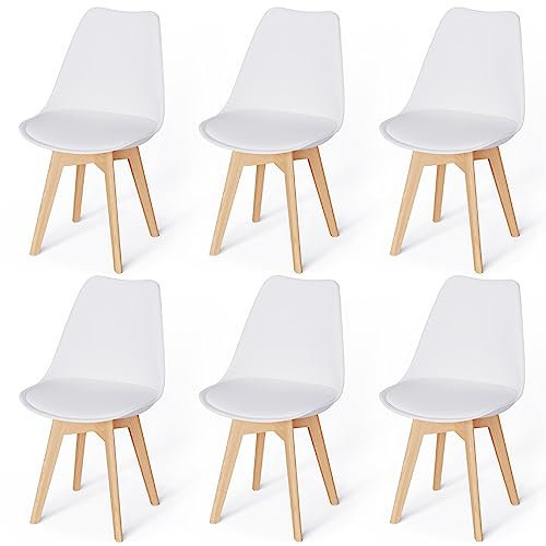 WAFTING Juego de 6 sillas de Comedor Acolchadas con Patas de Madera de Haya y Suave Acolchado Tulip Chair para Comedor, salón, Dormitorio o Cocina, Juego de 4 Unidades (Acolchado Blanco)