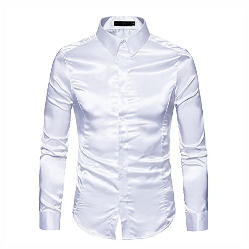 Chemise Homme Satin Lisse De Smoking De Couleur Pure à Manches Longues à Col Boutonné - Tenue De Soirée Et D'affaires DéContractée