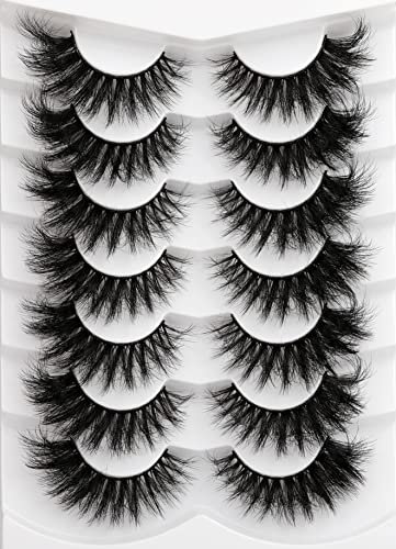 Fluffy False Eyelashes - 20mm Thick Volume Dramatic Cat Eye Lashes - 7 Pairs Long Strip Wispy Lashes Pack