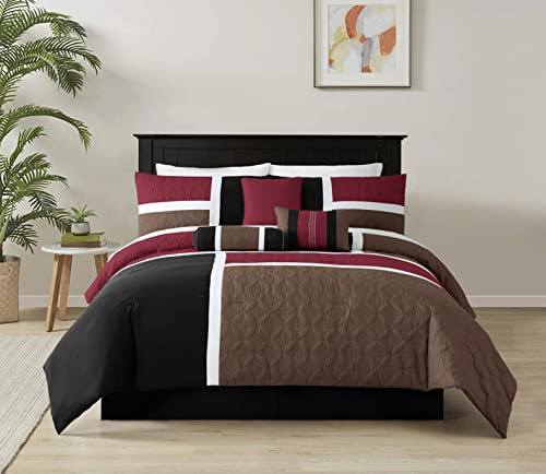 Chezmoi Collection Upland California King Patchwork-Bettwäsche-Set, 7-teilig, Burgunderrot/Schwarz/Braun