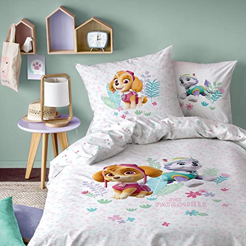 PAT PATROUILLE PARADISE Parure de Lit Enfant 140x200 cm | 100% Coton | OEKO-TEX | Housse de Couette Enfant 1 Personne 140x200 cm + 1 Taie d'Oreiller 63x63 cm Imprimées Réversibles | Blanc