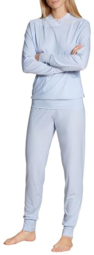 CALIDA Elegant Dreams Bündchen-Pyjama Damen, Schlafanzug, luftiger Schnitt, mit Spitzendetails, fließend und anschmiegsam Harmony Blue 32-34