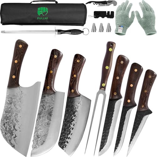 FULLHI Set di coltelli da macellaio 12pcs forgiato a mano Coltello da disossamento Coltello cheg in acciaio ad alto tenore di carbonio Cucina Campeggio BBQ
