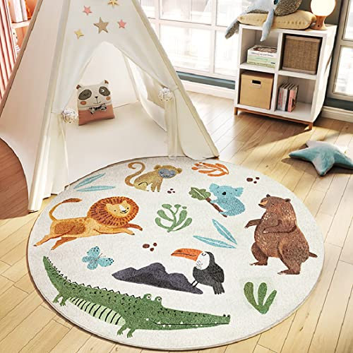 Joydec Teppich Rund Kinderzimmer, Kinderteppich Waschbar, Weicher Kuschel-Flor, Dschungel, Tiere, Löwe, AFFE, Beige, Rund, 80 x 80 cm