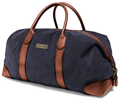 DRAKENSBERG Weekender 'David' (M) - Kleine Reisetasche Herren, Damen aus Canvas mit Leder, erweiterbar, 45L - Marine-Blau, DR00156-M
