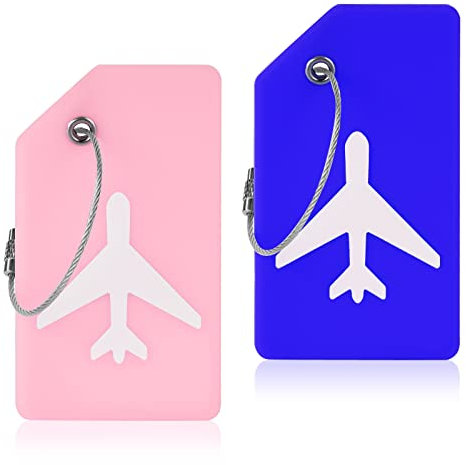 Flintronic Lot de 2 Étiquettes de bagage en Silicone avec carte d'identité, Étiquettes de Valise de Bagage en silicone avec Cordes en Acier Inoxydable, Étiquettes d'étiquette de Sac à Main