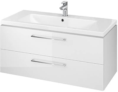 ECOLAM Badmöbel Waschtisch Waschbecken Como 100 cm + Schrank Lara Waschbecken mit Unterschrank 2 Schubladen weiß + Click Clack + Flaschensiphon, modernes Design